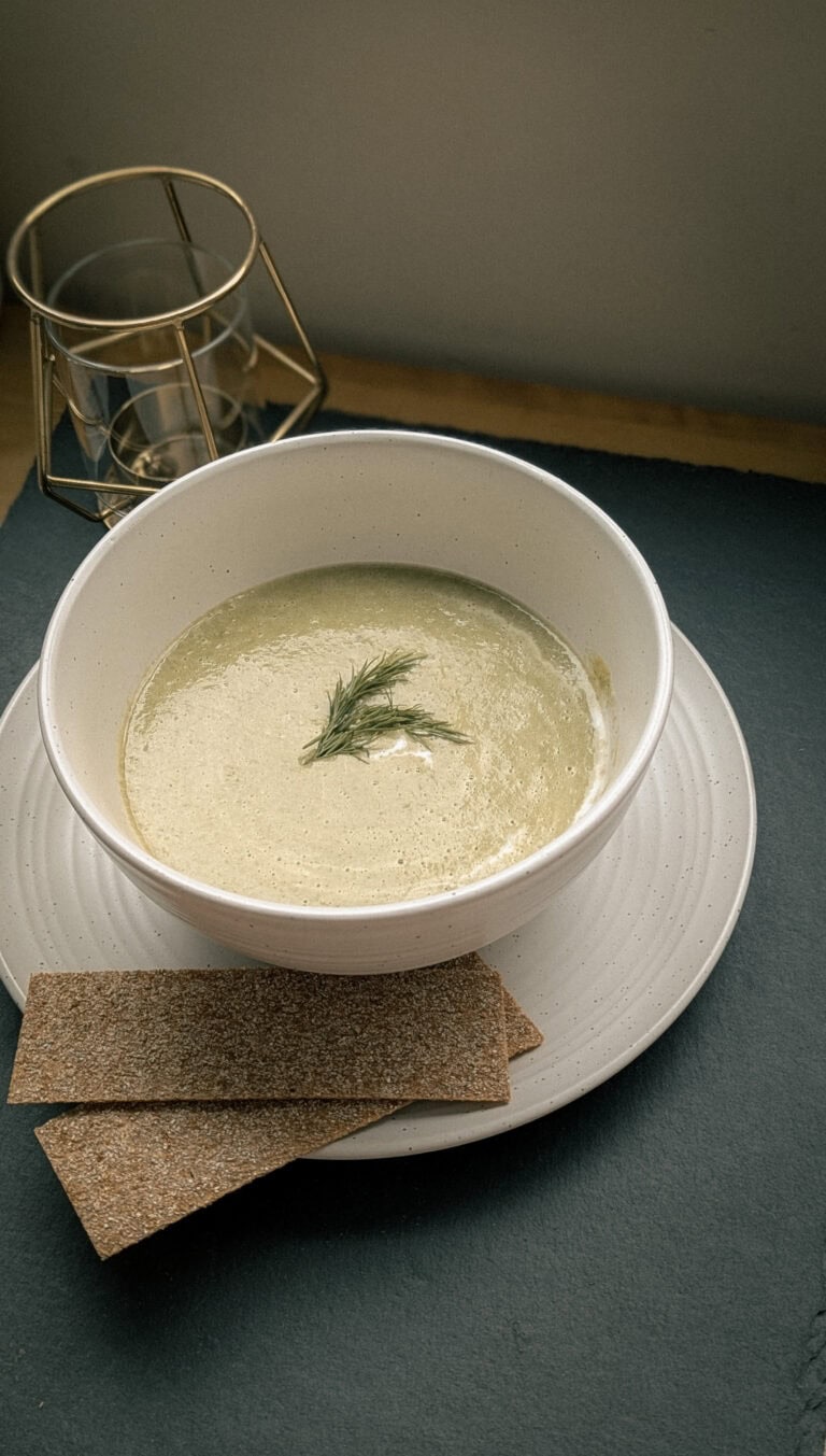 German Asparagus Soup with Soft-Boiled Eggs & Rye Crackers