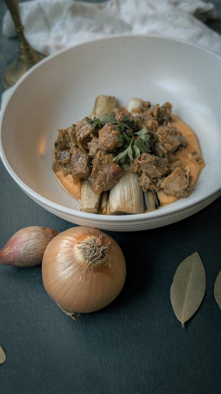Belgian Beer-Braised Pork with Braised Leeks & Root Vegetable Mash