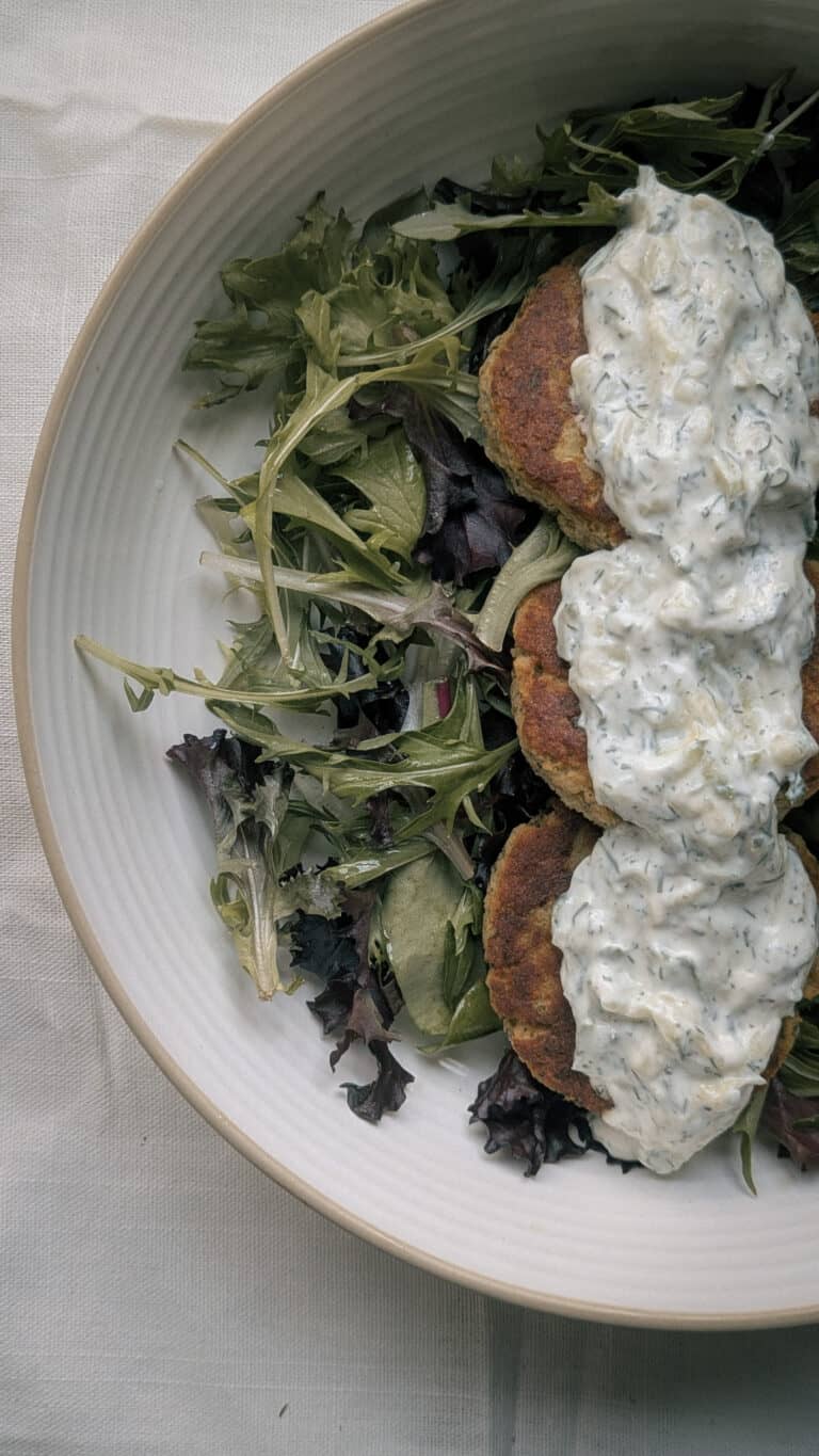 North Sea Fish Cakes with Cucumber-Yogurt Sauce & Mixed Greens