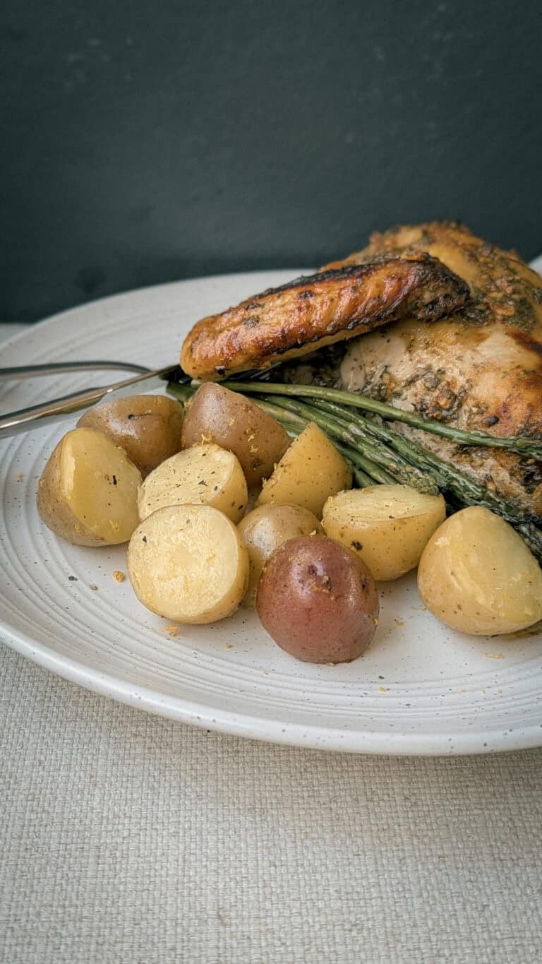 Finnish Mustard & Herb Roast Chicken with New Potatoes & Asparagus