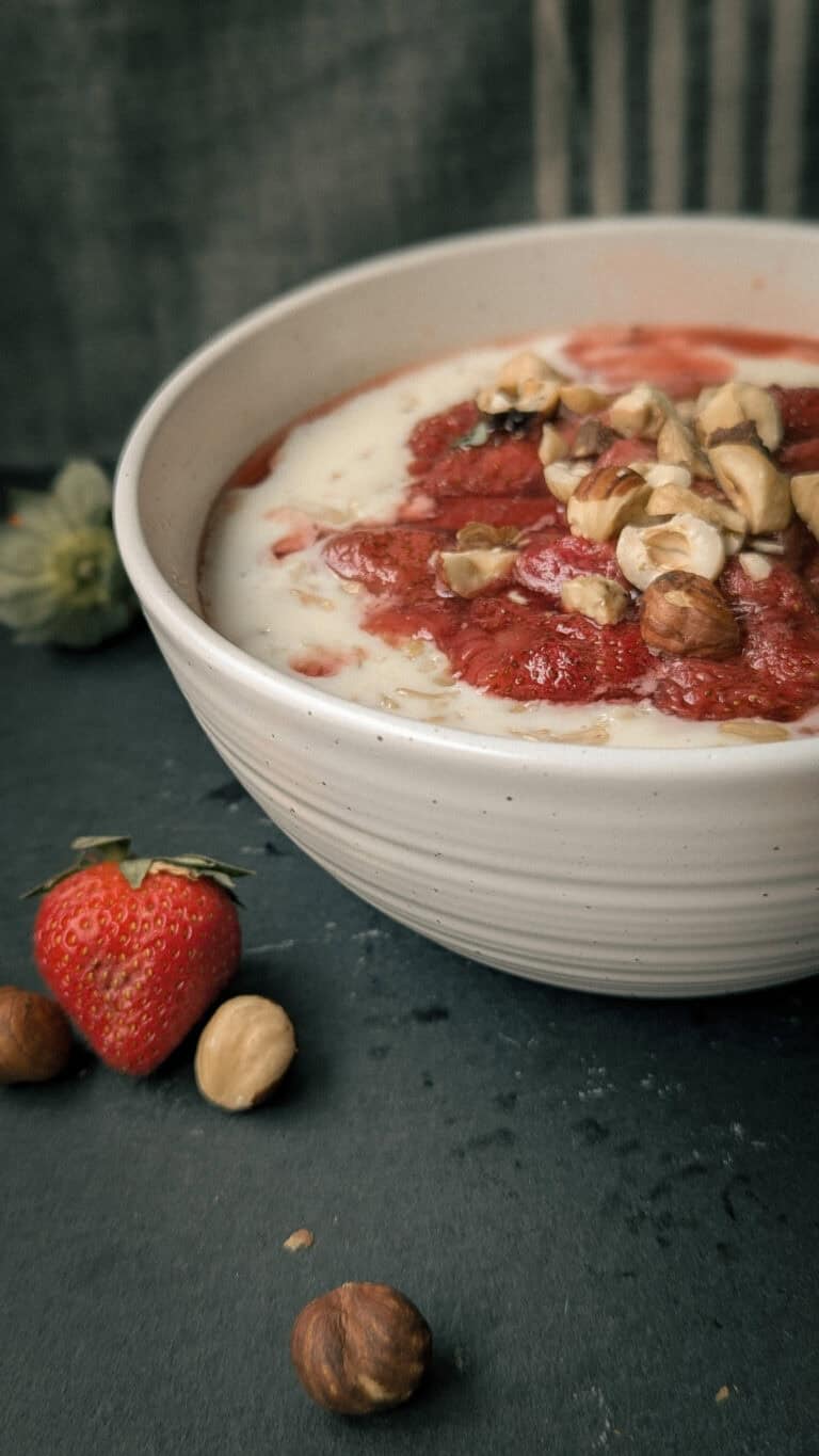 Dutch Oatmeal with Toasted Hazelnuts & Poached Strawberries