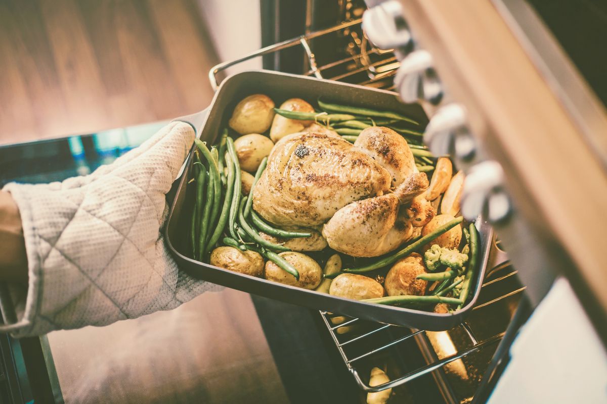 hearty seasonal roast chicken & spring greens, new heirloom potatoes